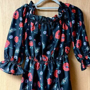 🌹 New Endless Rose Black & Red Floral Off-Shoulder Ruffle Dress | Size S